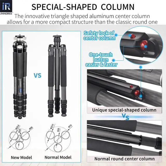 Alt view image 3 of 5 - Carbon Fiber Tripod-INNOREL GT255C Professional Camera Compact Tripod Stand for Travel Outdoor Digital DSLR with Low Gravity Center Ballhead Special-Shaped Center Column Max Height 67.7in/172cm