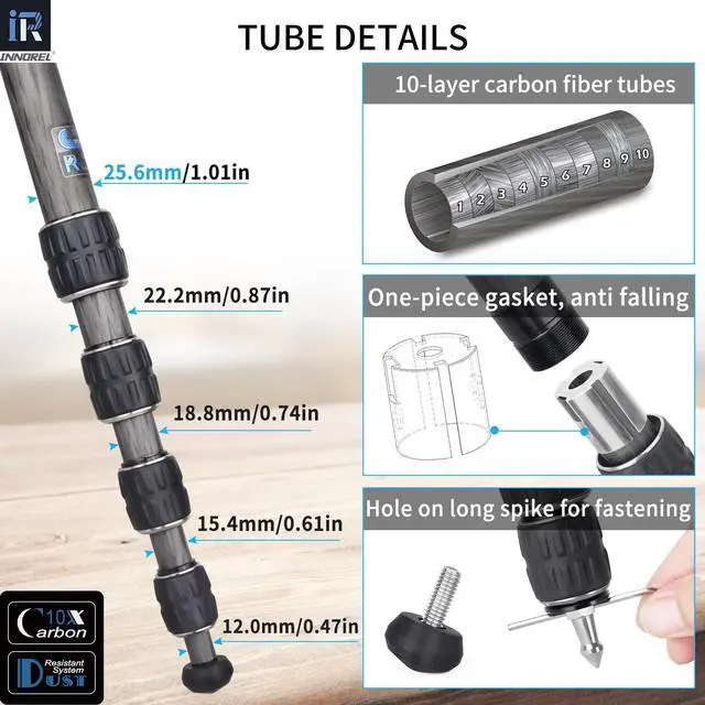 Alt view image 4 of 5 - Carbon Fiber Tripod-INNOREL GT255C Professional Camera Compact Tripod Stand for Travel Outdoor Digital DSLR with Low Gravity Center Ballhead Special-Shaped Center Column Max Height 67.7in/172cm