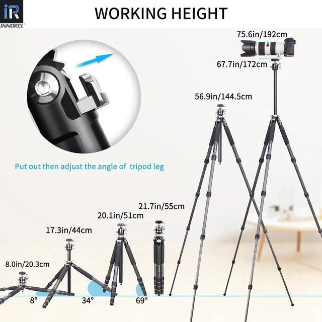 Alt view image 5 of 5 - Carbon Fiber Tripod-INNOREL GT255C Professional Camera Compact Tripod Stand for Travel Outdoor Digital DSLR with Low Gravity Center Ballhead Special-Shaped Center Column Max Height 67.7in/172cm