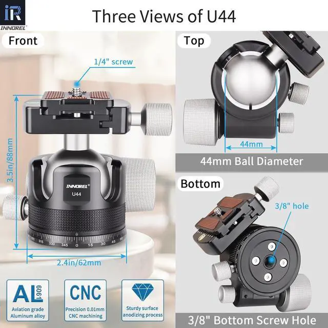 Alt view image 3 of 5 - INNOREL 44mm Low Profile Camera Tripod Ball Head, CNC Metal Heavy Duty 360 Panoramic Tripod Head Compatible with Two Arca 1/4" Quick Release Plates for Tripod Monopod DSLR Camera Camcorder, 55lbs/25kg