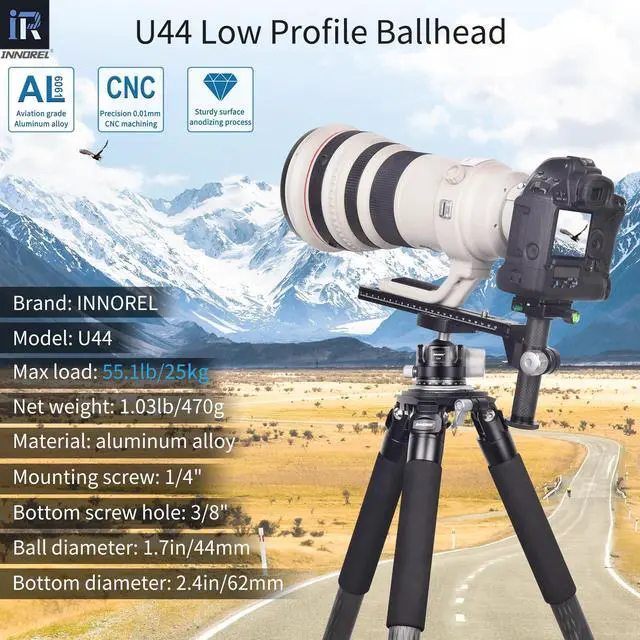 Alt view image 2 of 5 - INNOREL 44mm Low Profile Camera Tripod Ball Head, CNC Metal Heavy Duty 360 Panoramic Tripod Head Compatible with Two Arca 1/4" Quick Release Plates for Tripod Monopod DSLR Camera Camcorder, 55lbs/25kg