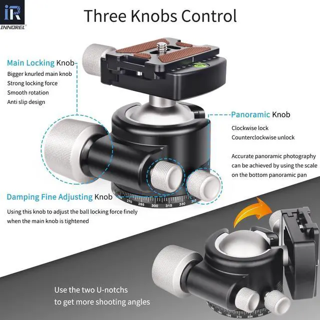 Alt view image 5 of 5 - INNOREL 44mm Low Profile Camera Tripod Ball Head, CNC Metal Heavy Duty 360 Panoramic Tripod Head Compatible with Two Arca 1/4" Quick Release Plates for Tripod Monopod DSLR Camera Camcorder, 55lbs/25kg
