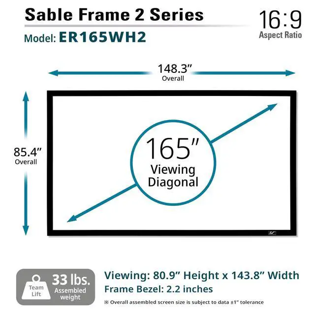 Alt view image 3 of 5 - Elite Screens Sable Frame 2, 165-Inch Fixed Frame Projector Screen, 16:9 8K/4K Ultra HD & Active 3D Ready, ISF-Certified Material, Ideal for Home Theater, Office, and Indoor Presentations, ER165WH2