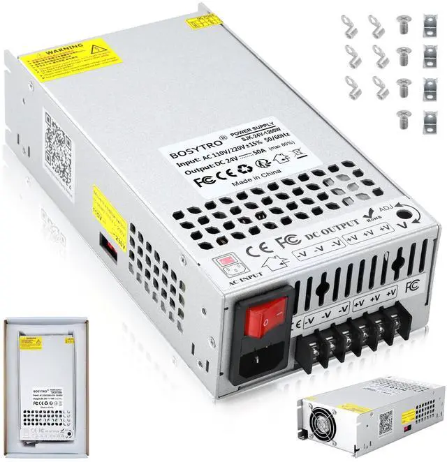 Main image of BOSYTRO Upgraded Output Port 24V 50A 1200W DC Switching Power Supply, Universal Transformers PSU AC110V/220V (SMPS), 24 Volt Power Supply for 3D Printer, CCTV, DC Motor(Without Power Cord)