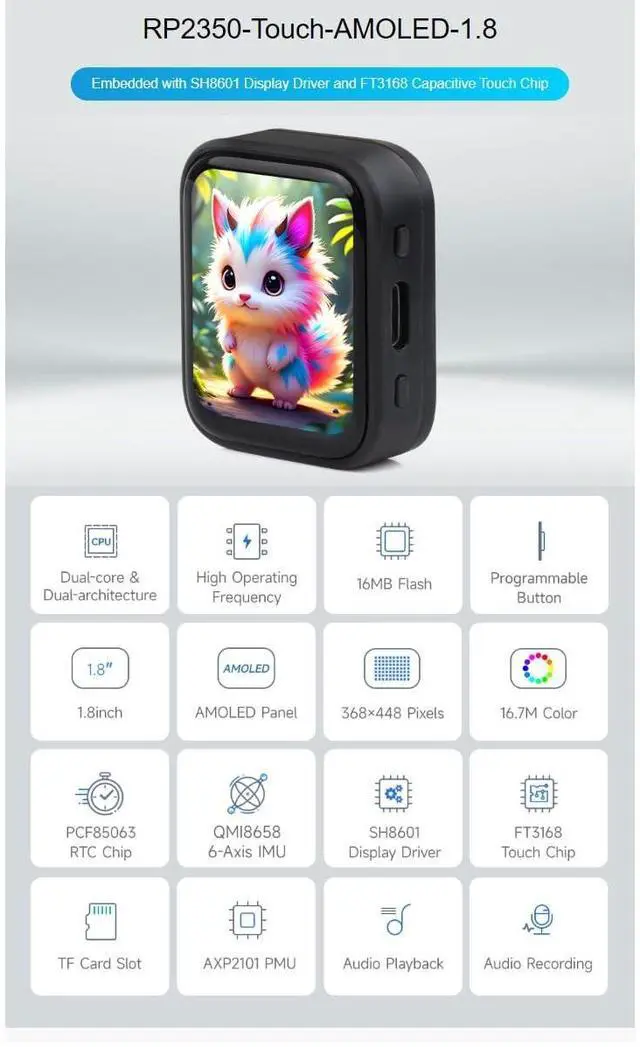 Alt view image 2 of 5 - waveshare RP2350 1.8inch Touch AMOLED Display Development Board 368448 Pixels 16.7M Color Display,Embedded with SH8601 Display Driver and FT3168 Capacitive Touch Chip