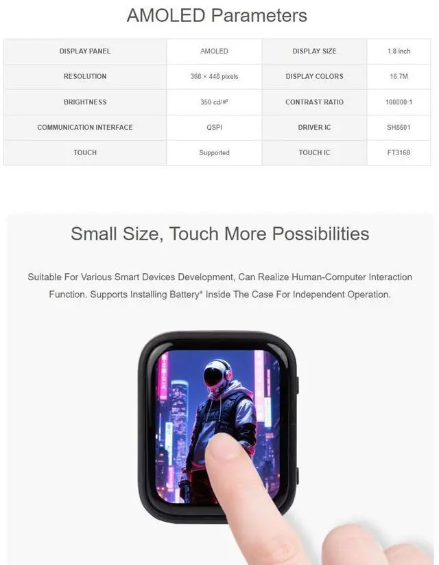Alt view image 4 of 5 - waveshare RP2350 1.8inch Touch AMOLED Display Development Board 368448 Pixels 16.7M Color Display,Embedded with SH8601 Display Driver and FT3168 Capacitive Touch Chip