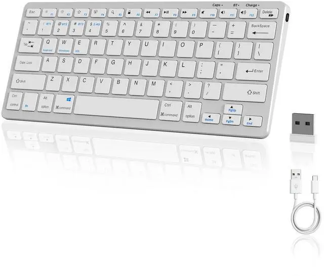 Main image of SQQSOOZ Wireless Bluetooth Keyboard, 2.4G BT Keyboard for Windows/Android/iOS, Ultra-Thin 78 Keys, Rechargeable, Quiet Typing, Type-C USB, for Laptop/Desktop/Smart TV/PC, Sliver White