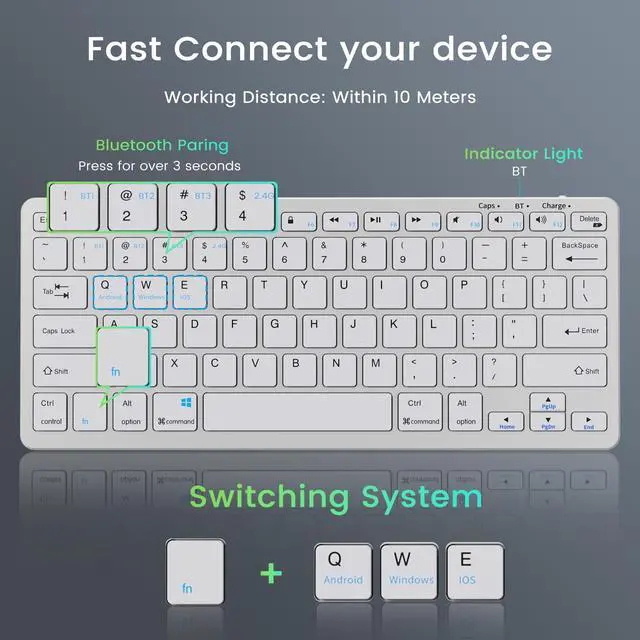 Alt view image 3 of 5 - SQQSOOZ Wireless Bluetooth Keyboard, 2.4G BT Keyboard for Windows/Android/iOS, Ultra-Thin 78 Keys, Rechargeable, Quiet Typing, Type-C USB, for Laptop/Desktop/Smart TV/PC, Sliver White