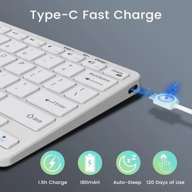 Alt view image 5 of 5 - SQQSOOZ Wireless Bluetooth Keyboard, 2.4G BT Keyboard for Windows/Android/iOS, Ultra-Thin 78 Keys, Rechargeable, Quiet Typing, Type-C USB, for Laptop/Desktop/Smart TV/PC, Sliver White