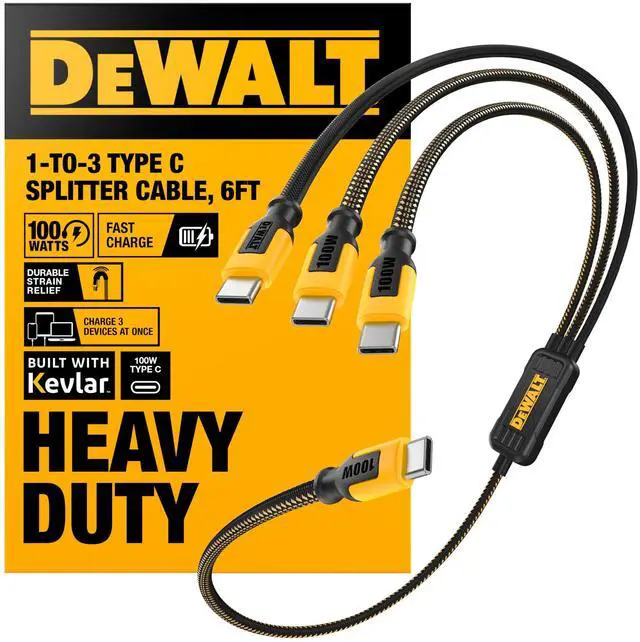 Main image of DEWALT 100W Smart USB-C to USB-C Splitter Data Transfer & Fast Charging, 1-to-3 Output, Kevlar Reinforced, 6ft Heavy-Duty for Laptop, MacBook, iPad, Android, Samsung, iPhone, Works w/Carplay