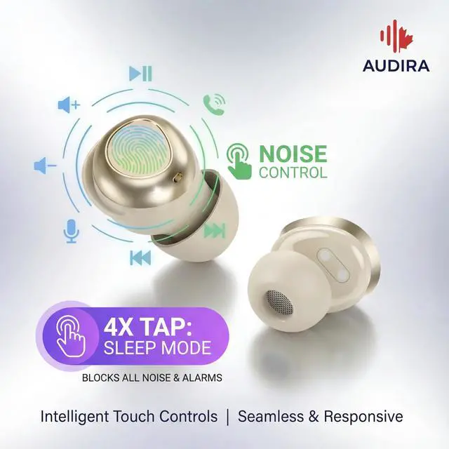 Alt view image 2 of 5 - AUDIRA Mini Wireless Sleep Earbuds for Side Sleepers, Bluetooth 5.4 in-Ear Ear Buds with Noise Cancelling, IPX4 Waterproof Headphones, Touch Control, Digital Display Charging Case Biege