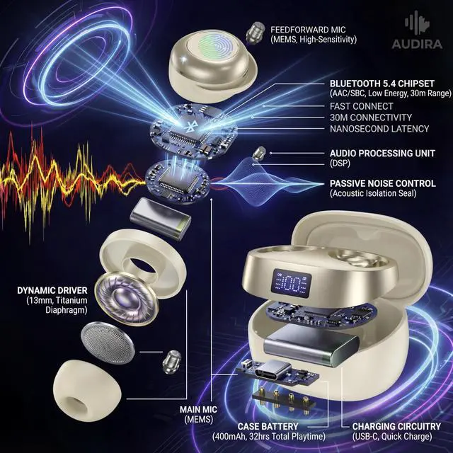 Alt view image 4 of 5 - AUDIRA Mini Wireless Sleep Earbuds for Side Sleepers, Bluetooth 5.4 in-Ear Ear Buds with Noise Cancelling, IPX4 Waterproof Headphones, Touch Control, Digital Display Charging Case Biege