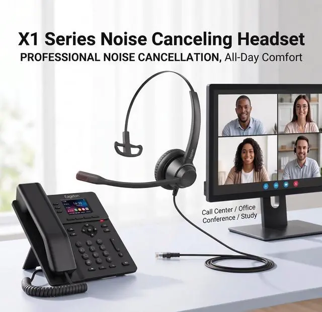 Alt view image 2 of 5 - Eagaton X1 3.5mm Single Ear Office Headset with USB C/A Adapter, Wired Mono Call Center Headset with Volume Control & Mic Mute, Noise Cancelling Mic Computer Headset for PC Laptop Phone Online Meeting