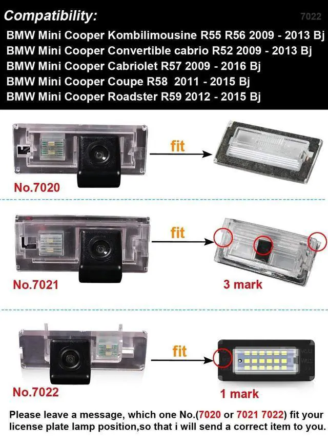 Alt view image 3 of 5 - Waterproof Car Rear View Backup License Plate Light Camera Night Vision for BMW Mini Cooper Kombilimousine R55 R56/Convertible Cabrio R52/Cabriolet R57/Coupe R58/Roadster R59