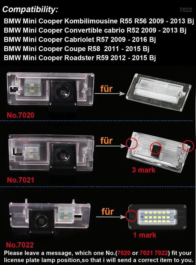 Alt view image 4 of 5 - Waterproof Car Rear View Backup License Plate Light Camera Night Vision for BMW Mini Cooper Kombilimousine R55 R56/Convertible Cabrio R52/Cabriolet R57/Coupe R58/Roadster R59