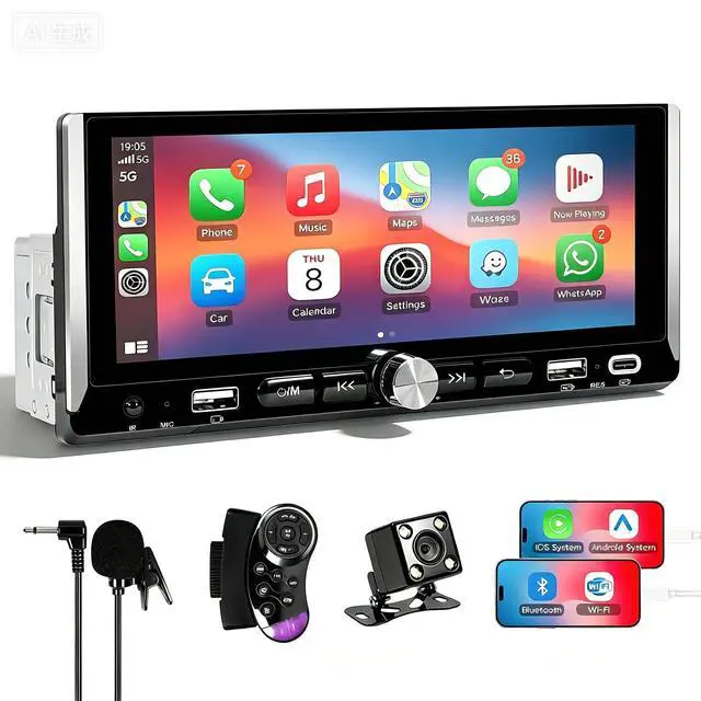 Main image of Single Din Car Stereo - Car Radio with Wireless Apple CarPlay Android Auto,6.9" IPS Touchscreen Radio Bluetooth 5.2 Support Mirror Link,Backup Camera USB/Type-C Fast Charge FM AM EQ SWC