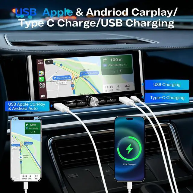 Alt view image 2 of 5 - Single Din Car Stereo - Car Radio with Wireless Apple CarPlay Android Auto,6.9" IPS Touchscreen Radio Bluetooth 5.2 Support Mirror Link,Backup Camera USB/Type-C Fast Charge FM AM EQ SWC