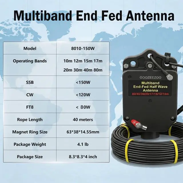 Alt view image 2 of 5 - JYR8010-150W End Fed Half Wave Antenna for Ham Radio 8 Band 10m 12m 15m 17m 20m 30m 40m 80m Long Wire Antenna, 1:64 Balun No Tuning Great for POTA/SOTA