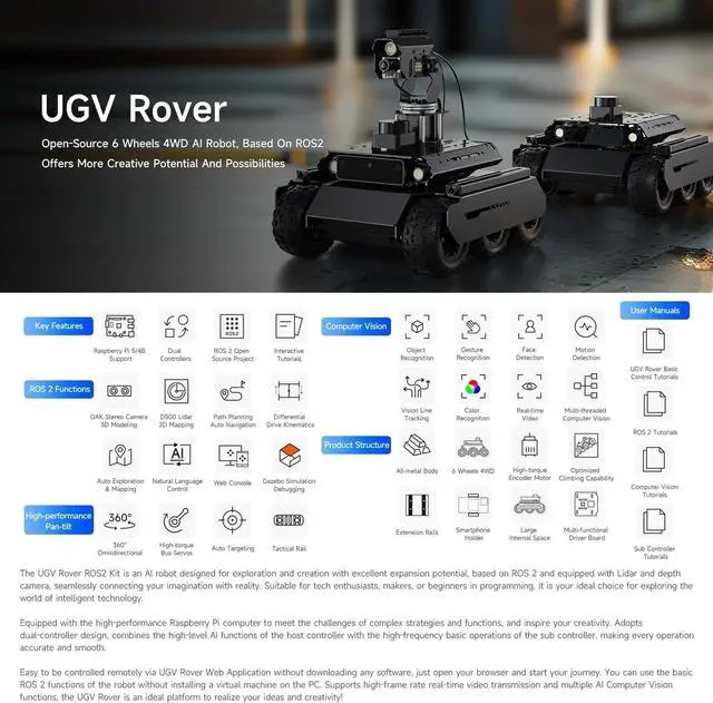 Alt view image 2 of 5 - UGV Rover ROS 2 Open-Source 6 Wheels 4WD AI Robot Acce Kit Compatible with Raspberry Pi 4 5 (NOT Included), Dual Controllers, Computer Vision, All-Metal Body @XYGStudy (UGV Rover PT PI5 ROS2 Kit Acce)