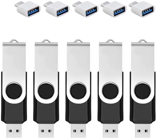 Main image of 5 Pack 128GB USB Flash Drive with Type C Adapter and Storage Box USB 2.0 High Speed Metal Pen Drive 360 Rotatable Storage Memory Stick for Phone/Pad/PC/Laptop/Android - Black(5-Pack 128GB)
