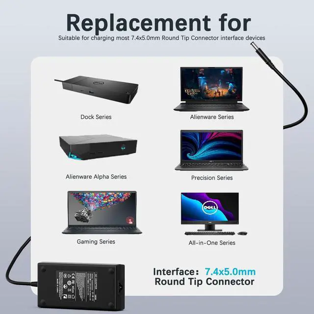 Alt view image 5 of 5 - 180W Charger Compatible with Dell Docking Station WD19 K20A001 D6000 D6000S Business Dock WD15 K17A001 Thunderbolt Dock WD19TB WD19TBS TB15 TB16 TB18DC K16A K16A001 7.4mm