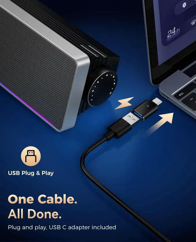 Alt view image 4 of 5 - Kunodi Computer Speakers for Desktop PC, HiFi Stereo PC Speakers with Volume Knob, Colorful Lights, Plug & Play Wired USB/USB-C Powered for Desktop, Computer, Laptop