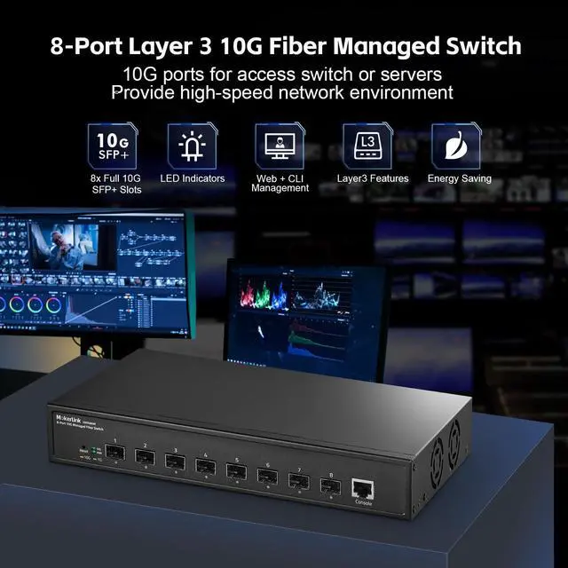 Alt view image 2 of 5 - MokerLink 8 Port 10G SFP+ Managed Fiber Switch, 1G/10G SFP Slot, L3 Web/CLI Managed, 160Gbps Bandwidth Desktop^^Rackmount Network Switch