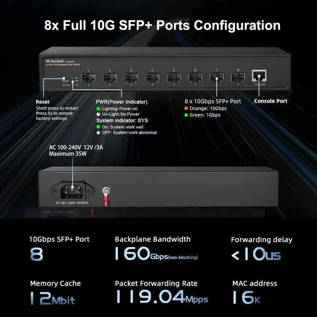 Alt view image 5 of 5 - MokerLink 8 Port 10G SFP+ Managed Fiber Switch, 1G/10G SFP Slot, L3 Web/CLI Managed, 160Gbps Bandwidth Desktop^^Rackmount Network Switch