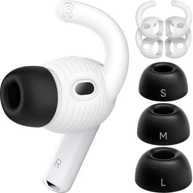 Main image of Memory Foam Ear Tips & Ear Hooks for AirPods Pro 3 (2025),Anti-Slip Sport Ear Tips Accessories Compatible with Apple AirPods Pro 3rd Generation (S/M/L Black Buds, 2 Pairs White Hoo