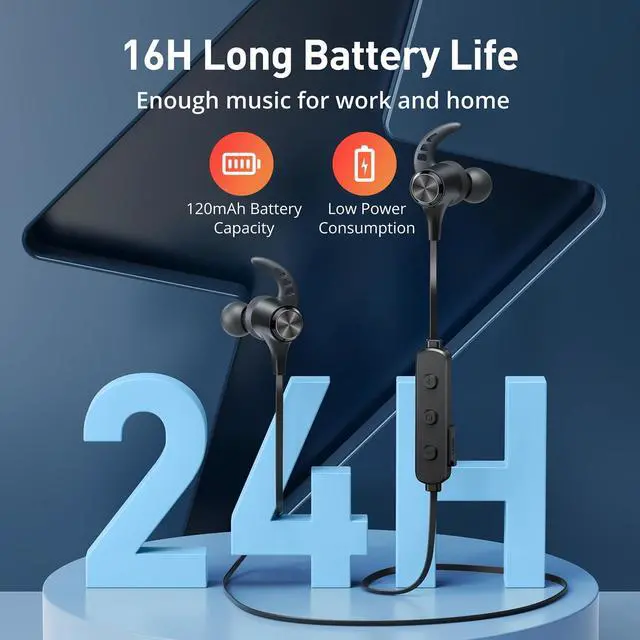 Alt view image 3 of 5 - Hsoipn Wireless Headphones, Bluetooth 5.2 Stereo aptX Wireless Earbuds Bass Bluetooth Earbuds Bulit-in Mic with 16H Playtime, Magnetic, IPX7 Waterproof Perfect for Sport, Gym, Normal, Da