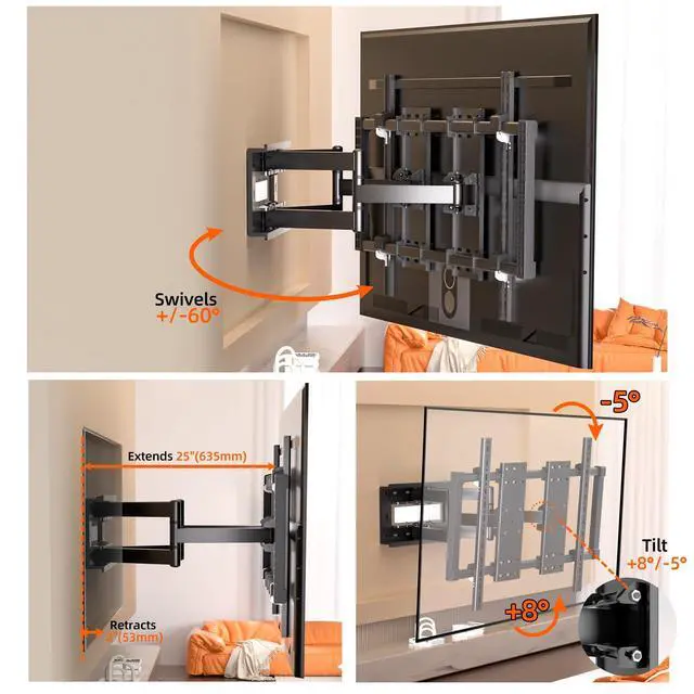 Alt view image 2 of 5 - GUZHIKU 120 115 110 105 100 98 90 86 85 inch TV Wall Mount, Large Screen Ultrathin Full Motion TV Bracket for 50-120" up to 242 lbs Tilt, Swivel, Extension, Leveling Max VESA 1000x600mm, Black, Y10