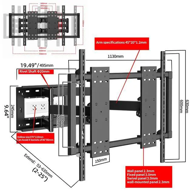 Alt view image 4 of 5 - GUZHIKU 120 115 110 105 100 98 90 86 85 inch TV Wall Mount, Large Screen Ultrathin Full Motion TV Bracket for 50-120" up to 242 lbs Tilt, Swivel, Extension, Leveling Max VESA 1000x600mm, Black, Y10