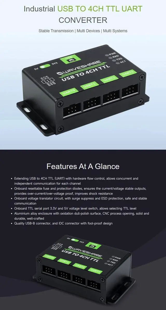 Alt view image 3 of 5 - Waveshare 2PCS Industrial USB to 4CH TTL Converter USB to UART with Multi Protection Circuits Multi Systems Support