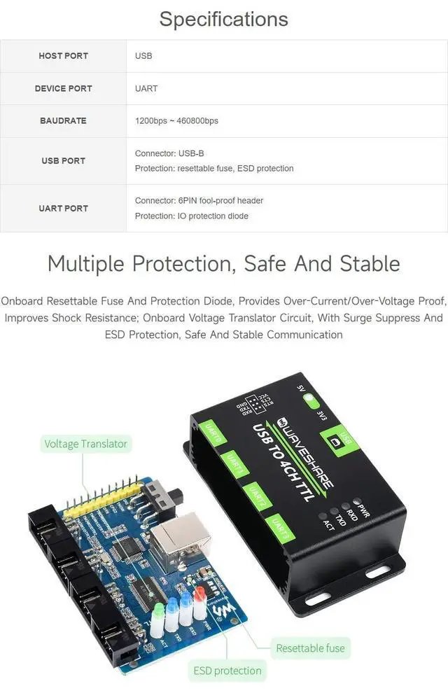 Alt view image 4 of 5 - Waveshare 2PCS Industrial USB to 4CH TTL Converter USB to UART with Multi Protection Circuits Multi Systems Support