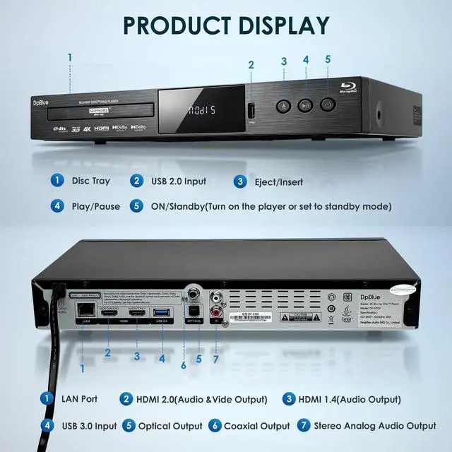 Alt view image 2 of 5 - 4K UHD Blu Ray DVD Player with Dolby Vision,HDR10,Twin HDMI Outputs for 3D HD Video and Dolby Audio/DTS Playback,for Region A Blu-ray Discs,DVDs,3D 4K UHD Home Theater Blu ray Player for TV Projector