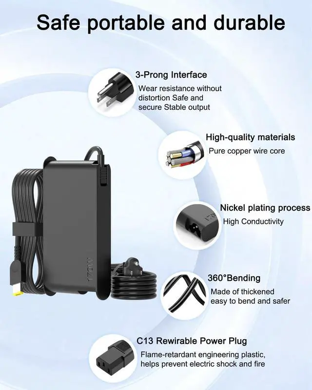Alt view image 4 of 5 - POANW Slim Tip 170W Laptop Charger Compatible with Lenovo Legion Slim 5 5P S7 5i Yoga Pro 7 IdeaPad Pro 5 Thinkpad P1 P50 P51 P52 P53 P70 P71 P73 P16 P15 T15g X1 Extreme LOQ 15 16, Power Adapter