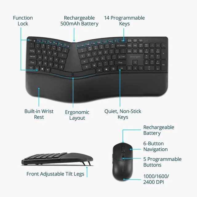 Alt view image 2 of 5 - Kensington Pro Fit Ergo KM680 EQ Wireless Keyboard and Mouse Desktop Set, Rechargeable, Ergonomic Design, Split-Keyboard (K72486NA)