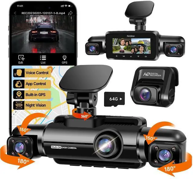 Main image of Neideso 360 Dash Cam Front and Rear Inside, 4 Channel FHD 4 * 1080P, Wi-Fi GPS Voice Control Car Camera, Front 2K+1080P*2 Dash Camera for Cars, with 64GB SD Card, Night Vision, 24H Parking Mode(N300)