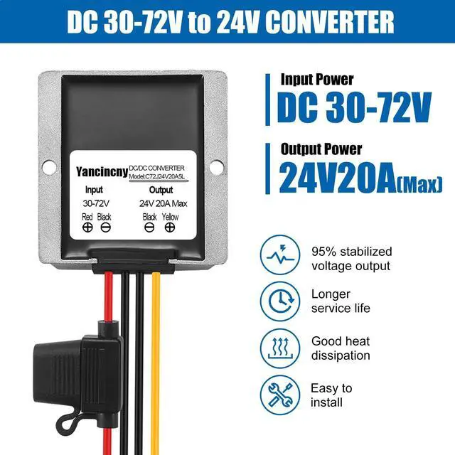 Alt view image 2 of 5 - Yancincny 20A 480W 24V DC 36V/48V/60V/72V Step Down to 24V 20A 480W DC Converter Regulator Power Supply Module Buck Transformer Volt Module, Waterproof Voltage Reducer for Golf Cart