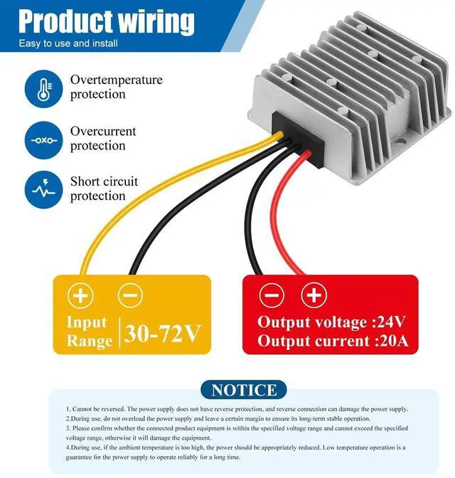 Alt view image 3 of 5 - Yancincny 20A 480W 24V DC 36V/48V/60V/72V Step Down to 24V 20A 480W DC Converter Regulator Power Supply Module Buck Transformer Volt Module, Waterproof Voltage Reducer for Golf Cart