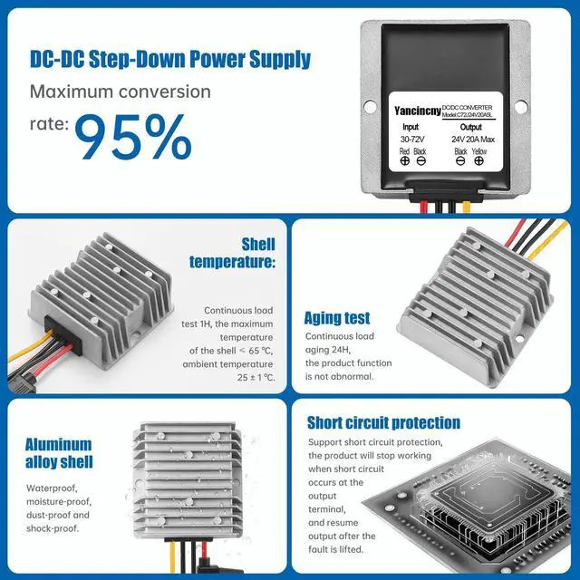 Alt view image 5 of 5 - Yancincny 20A 480W 24V DC 36V/48V/60V/72V Step Down to 24V 20A 480W DC Converter Regulator Power Supply Module Buck Transformer Volt Module, Waterproof Voltage Reducer for Golf Cart