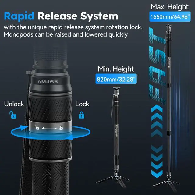 Alt view image 2 of 5 - SIRUI Carbon Fiber Video Monopod for Camera, 3-in-1 Monopod for Fluid Head, Max Height 68.89", 6kg Load Capacity Fluid Head for DJI RS and MFT 501