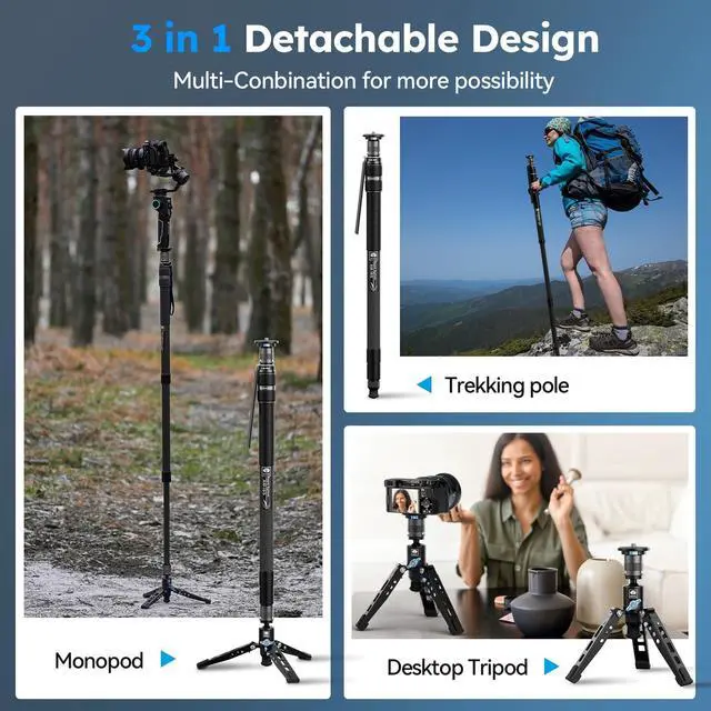 Alt view image 5 of 5 - SIRUI Carbon Fiber Video Monopod for Camera, 3-in-1 Monopod for Fluid Head, Max Height 68.89", 6kg Load Capacity Fluid Head for DJI RS and MFT 501