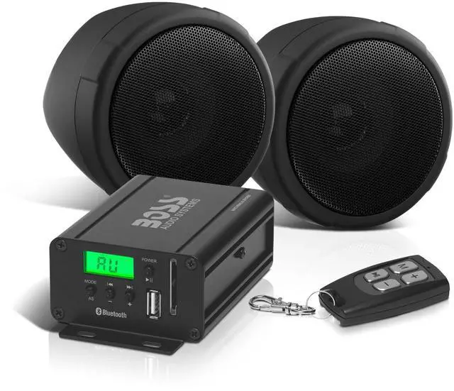 Main image of BOSS Audio Systems MCBK520B Motorcycle 3 Inch Stereo Speakers and Amplifier Audio Sound System - Bluetooth 2 Channel Amplifier, Weatherproof, FM Tuner, USB, SD, Auxiliary In, ATV UTV Compatible