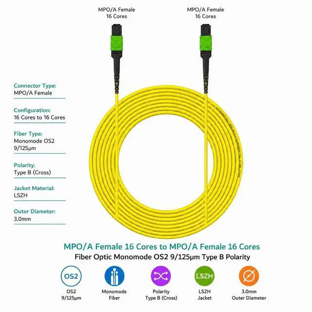 Alt view image 2 of 4 - Elfcam - 15m/49.21ft MPO/A Female 16 Cores to MPO/A Female 16 Cores, Fiber Optic Single Mode OS2 9/125m Type B Polarity