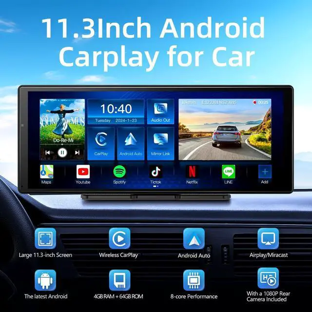 Alt view image 2 of 5 - 11.3" QLED Android 8Core 4G+64G Carplay Screen for Car Android Auto & Carplay Screen with Net-Flix YouTube Google Play AI 1080P Rear Camera GPS Navigation Voice Control 11.3" (4+64GB)