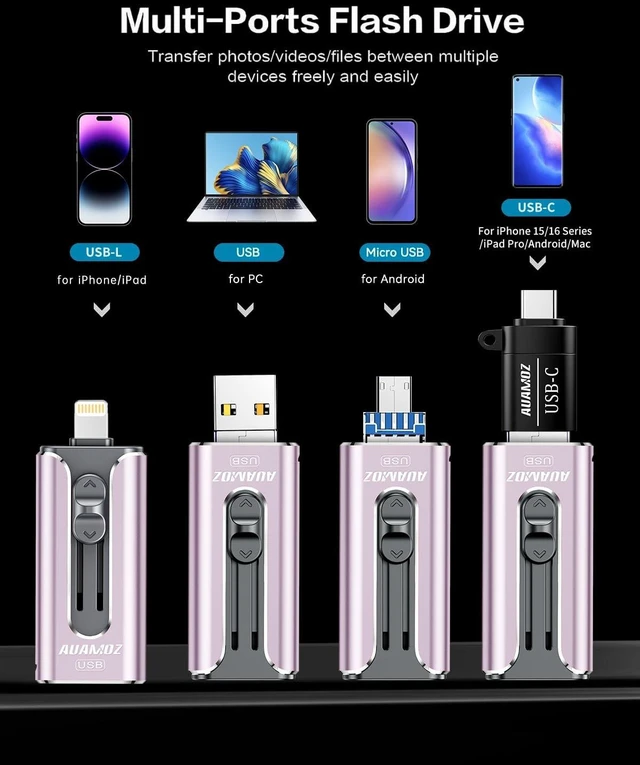 Alt view image 2 of 5 - AUAMOZ 512GB Flash Drive for iPhone Photo Stick USB Memory Stick, Portable Thumb Drive for Photo Video Storage and Transfer, Compatible with iPhone, iPad, Android, PC (Purple)