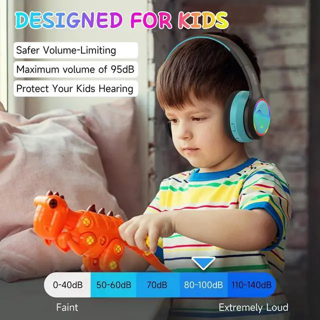 Alt view image 2 of 5 - IFECCO Wireless Kids Boys Headphones with Microphone,Cute Light Up Dinosaur Children Boys Bluetooth Headphones with Case for School Travel Gifts