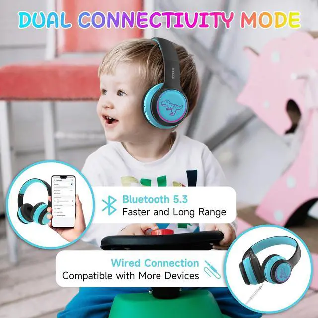 Alt view image 3 of 5 - IFECCO Wireless Kids Boys Headphones with Microphone,Cute Light Up Dinosaur Children Boys Bluetooth Headphones with Case for School Travel Gifts