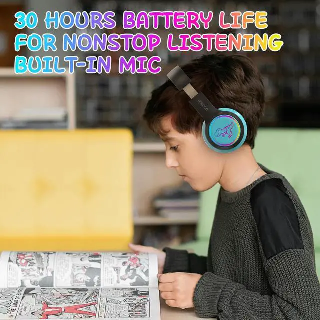Alt view image 5 of 5 - IFECCO Wireless Kids Boys Headphones with Microphone,Cute Light Up Dinosaur Children Boys Bluetooth Headphones with Case for School Travel Gifts